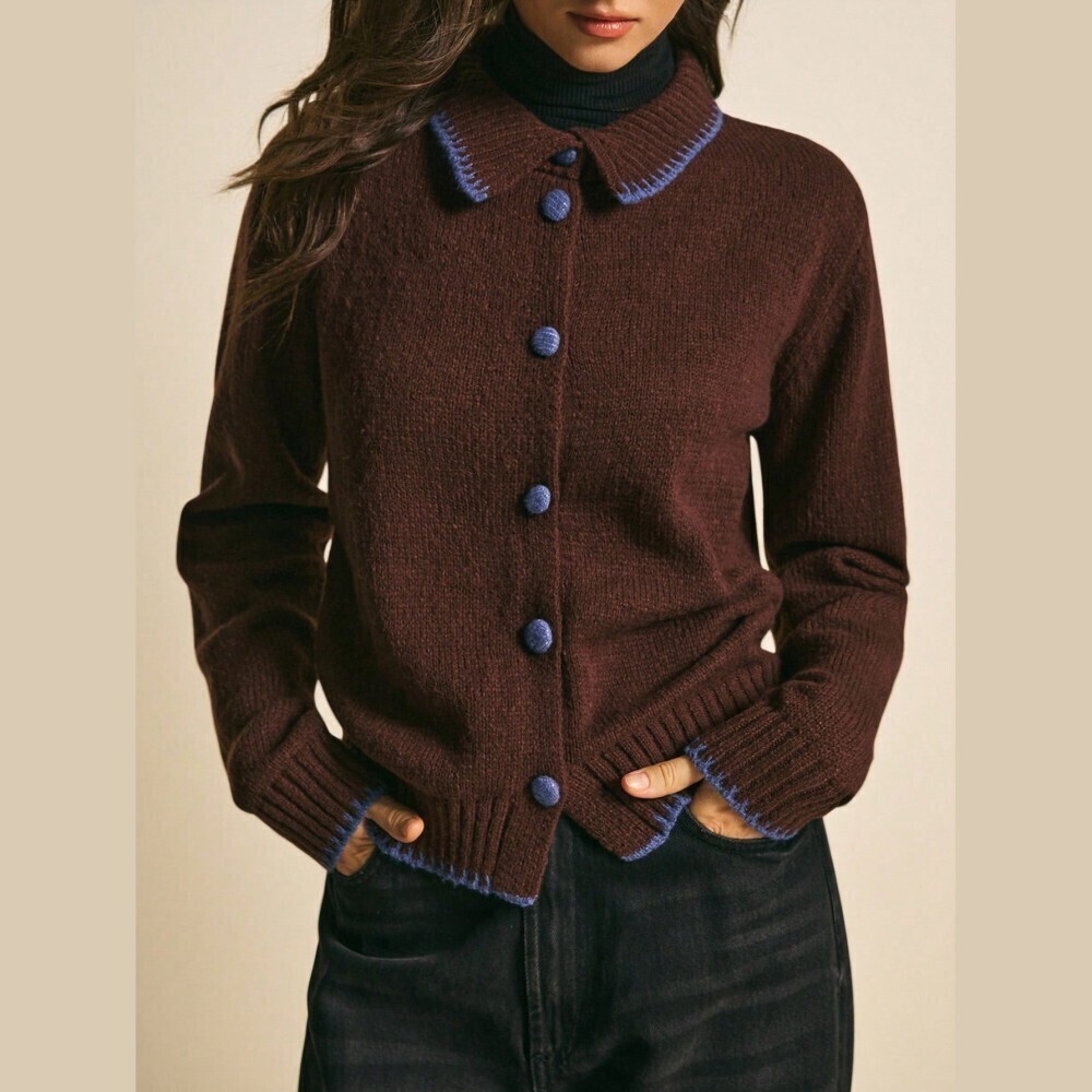 Brown Knit Polo Cardigan with Blue Contrast Stitch Trim